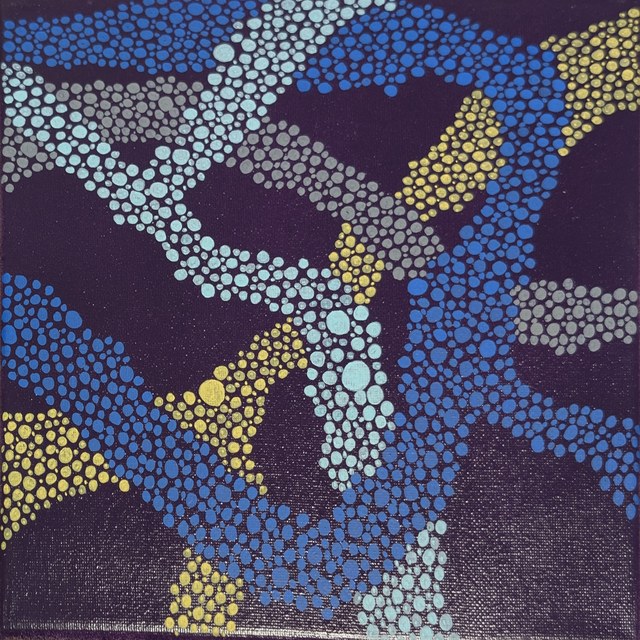 Abstract dot painting in blue, white, yellow, and black