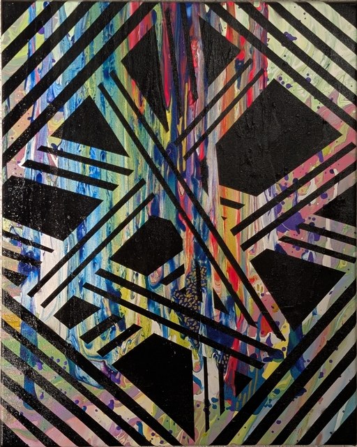 Layered geometric line painting on black