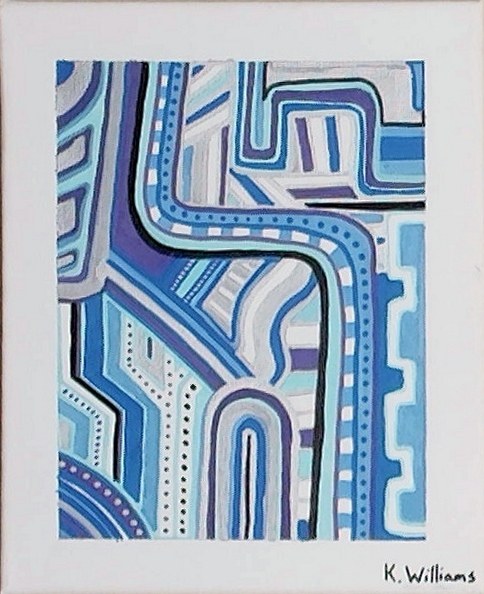 Blue, purple, and white circuit-like abstract painting